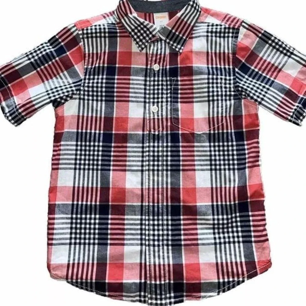 Gymboree Boys Red White Navy Plaid Short Sleeve 1/4 Button Up Shirt Size 5T EUC